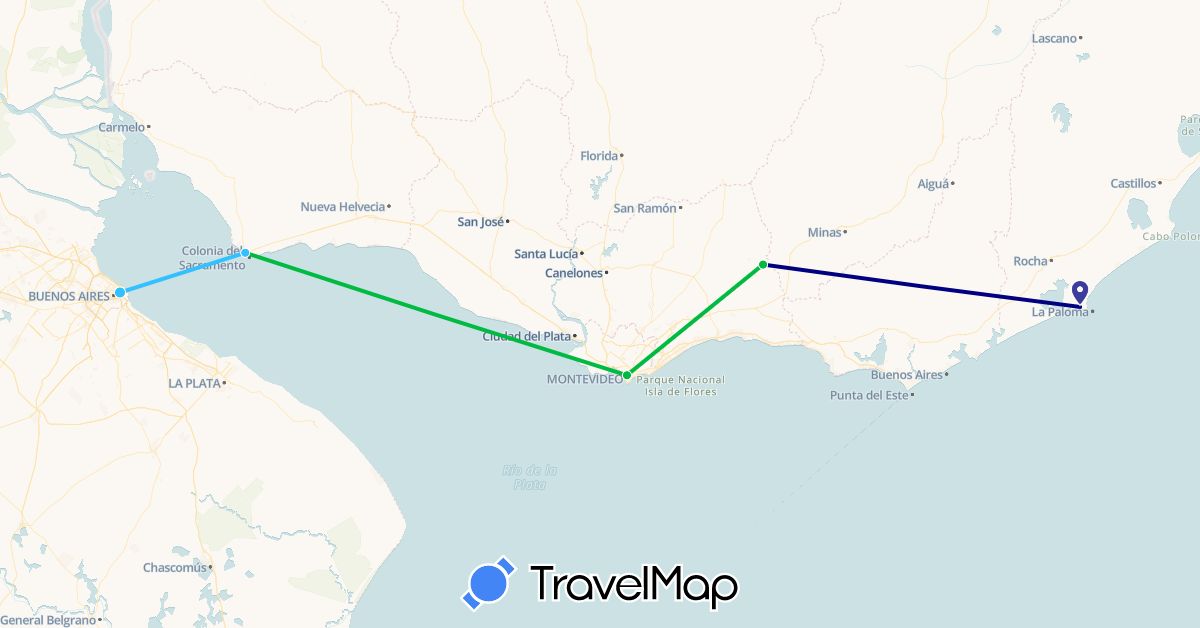 TravelMap itinerary: driving, bus, plane, boat in Argentina, Uruguay (South America)